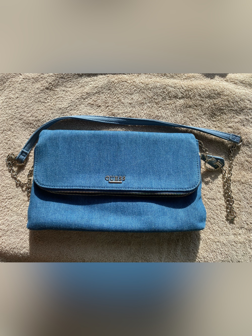 Vintage GUESS Y2K Denim Flap Crossbody Clutch Bag - Medium Wash Blue